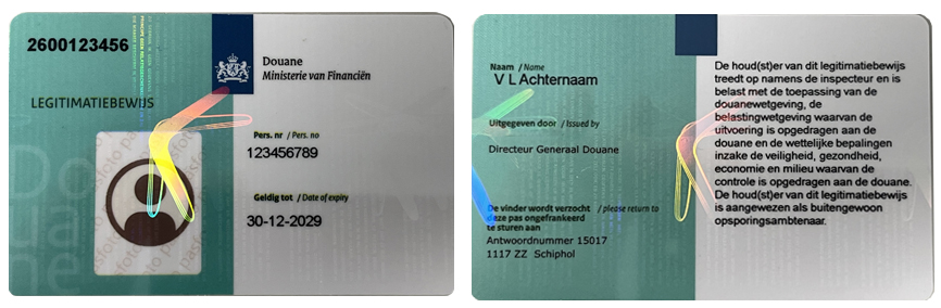 Voorbeelden van een (douane)legitimatiebewijs