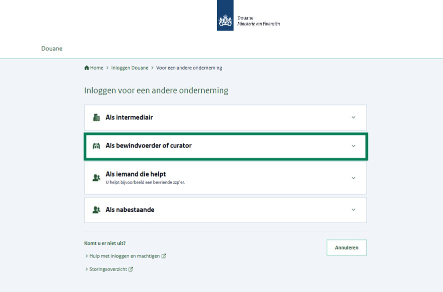 Inlogscherm voor iemand die wil inloggen voor een andere onderneming. Dit kan op 4 manieren: als intermediair, als bewindvoerder of curator (groen omkaderd), als iemand die helpt, of als nabestaande.