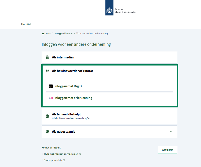 Inlogscherm waarop een bewindvoerder of curator kan inloggen met DigiD of eHerkenning.