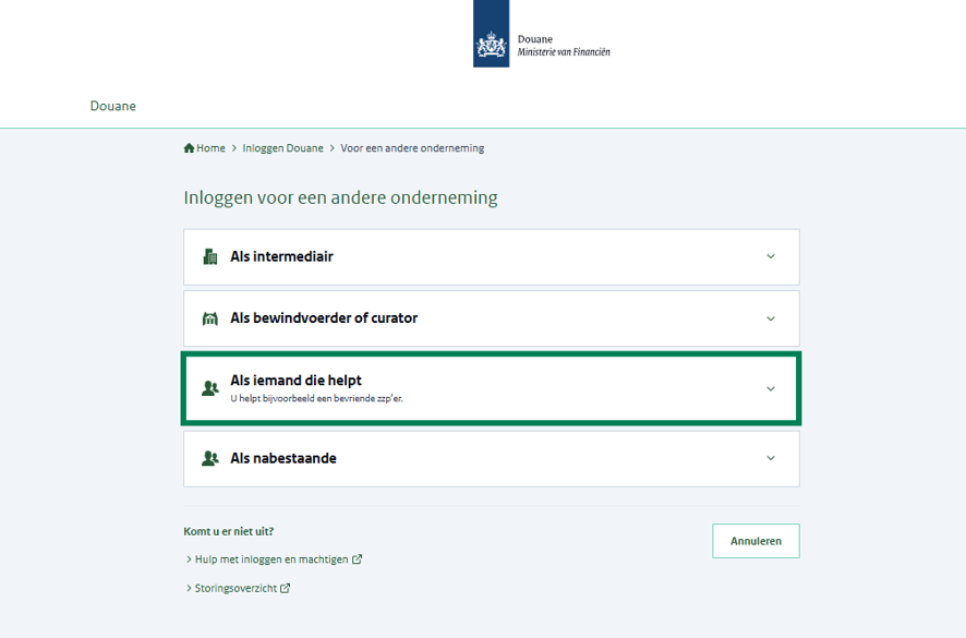 Inlogscherm voor iemand die wil inloggen voor een andere onderneming. Dit kan op 4 manieren: als intermediair, als bewindvoerder of curator, als iemand die helpt (groen omkaderd), of als nabestaande.
