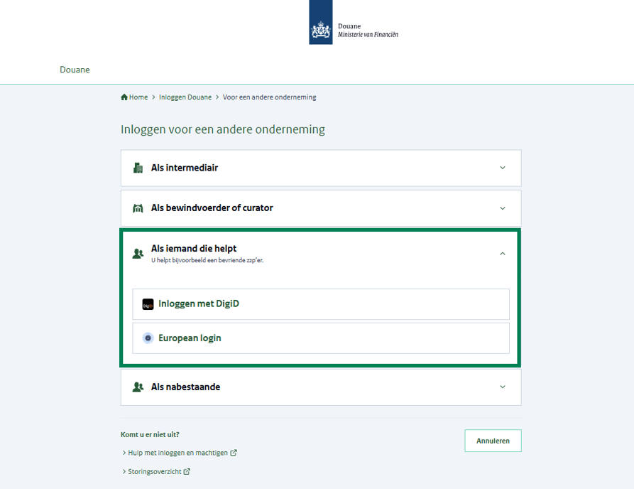 Inlogscherm waarop 'iemand die helpt' kan inloggen met DigiD of eHerkenning.