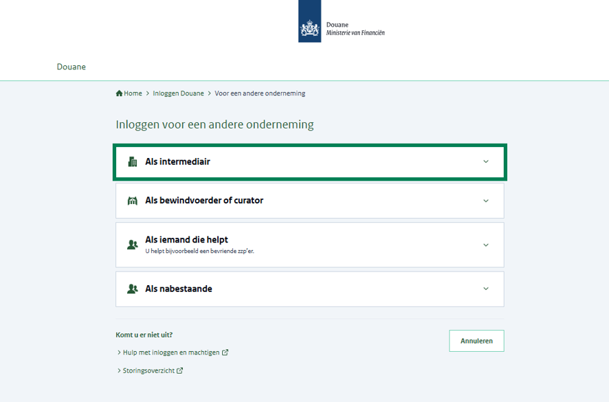 Inlogscherm voor iemand die wil inloggen voor een andere onderneming. Dit kan op 4 manieren: als intermediair (groen omkaderd), als bewindvoerder of curator, als iemand die helpt, of als nabestaande.