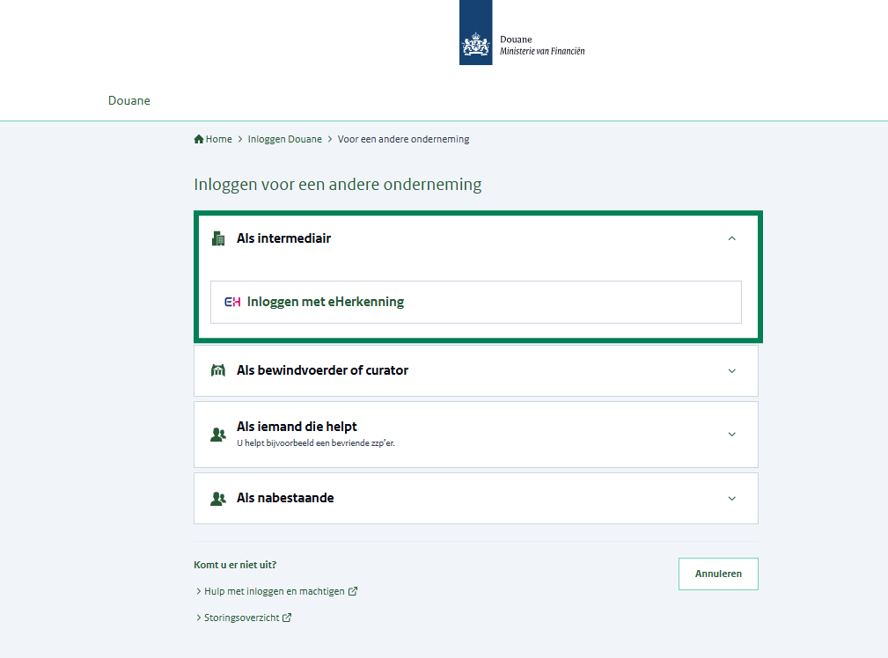 Inlogscherm waarop een intermediair kan inloggen met eHerkenning.
