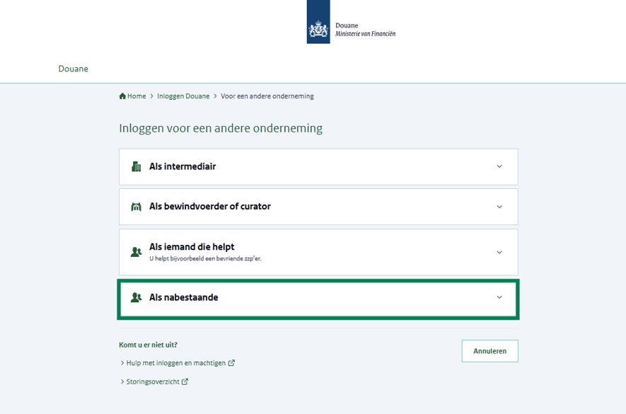 Inlogscherm voor iemand die wil inloggen voor een andere onderneming. Dit kan op 4 manieren: als intermediair, als bewindvoerder of curator, als iemand die helpt, of als nabestaande (groen omkaderd).