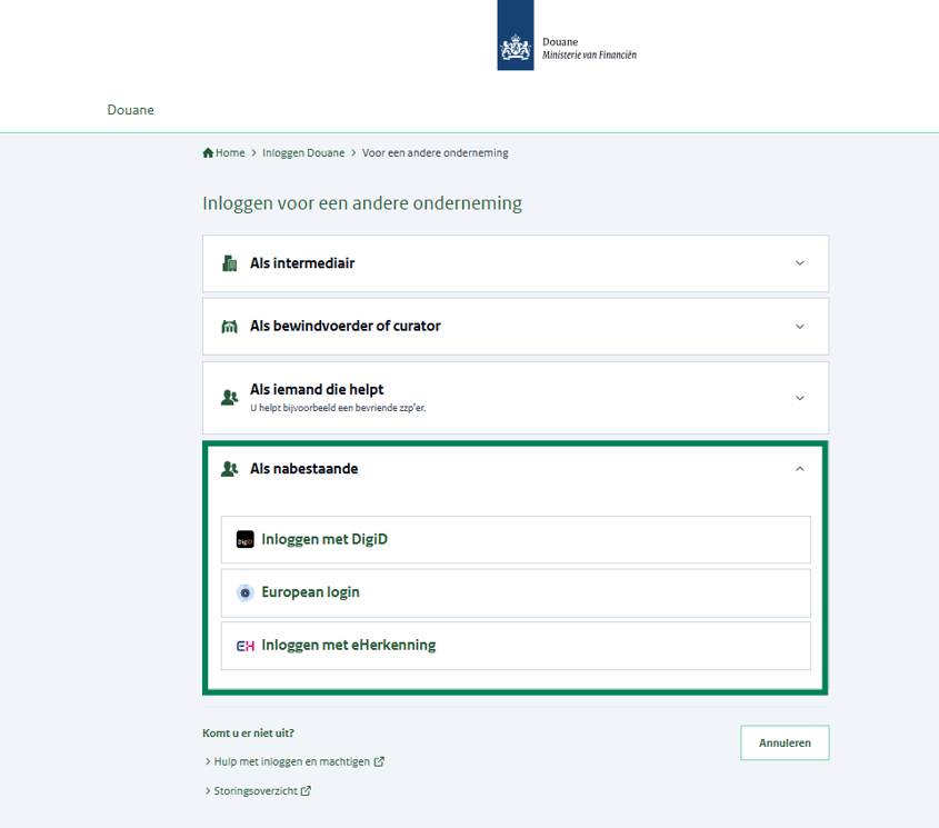 Inlogscherm waarop een nabestaande kan inloggen met DigiD, European login of eHerkenning.