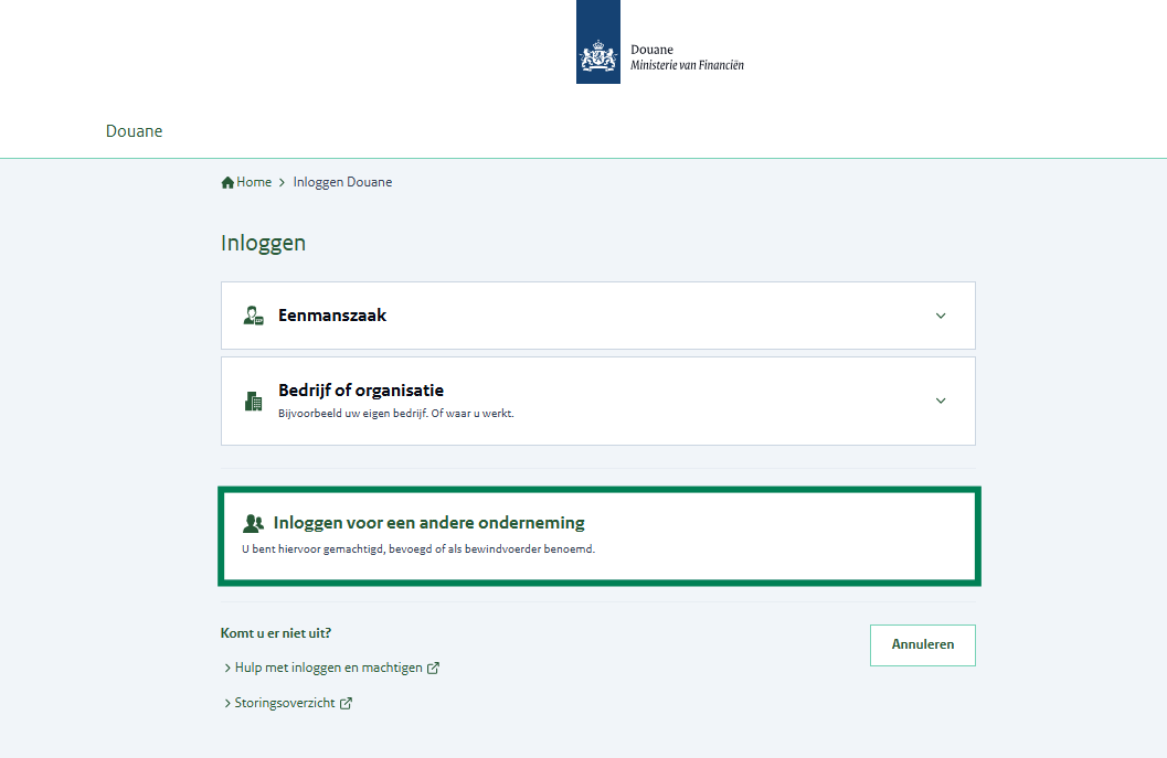 Inlogscherm met 3 inlogopties: als eenmanszaak, als bedrijf of organisatie, of voor een andere onderneming (groen omkaderd).