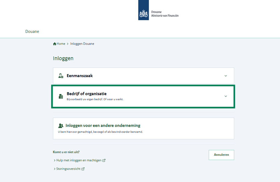 Inlogscherm met 3 inlogopties: als eenmanszaak, als bedrijf of organisatie (groen omkaderd), of voor een andere onderneming.