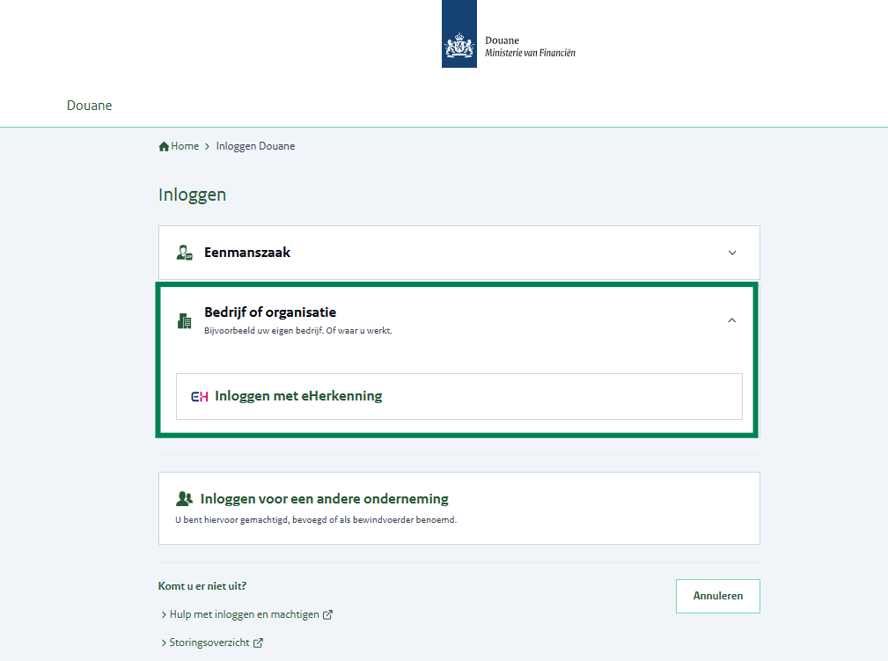 Inlogscherm waarop een bedrijf of organisatie kan inloggen met eHerkenning.