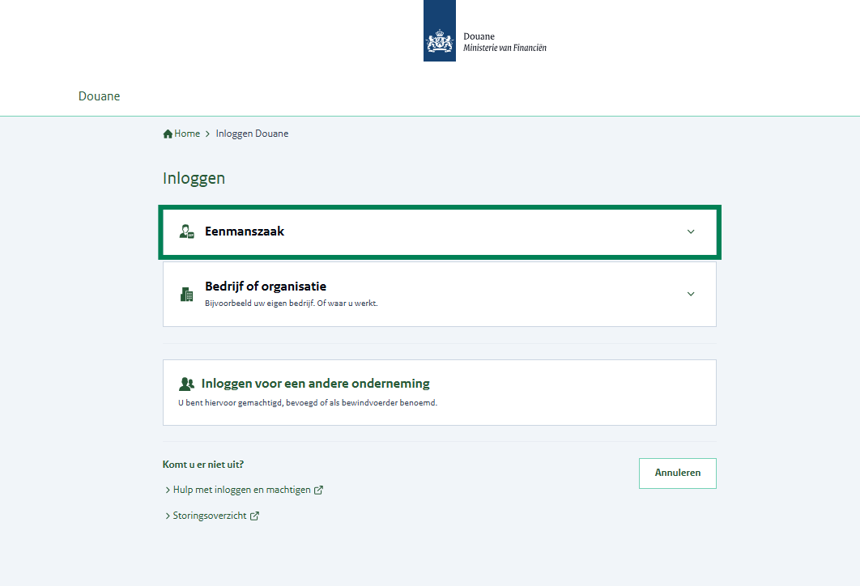 Inlogscherm met 3 inlogopties: als eenmanszaak (groen omkaderd), als bedrijf of organisatie, of voor een andere onderneming.