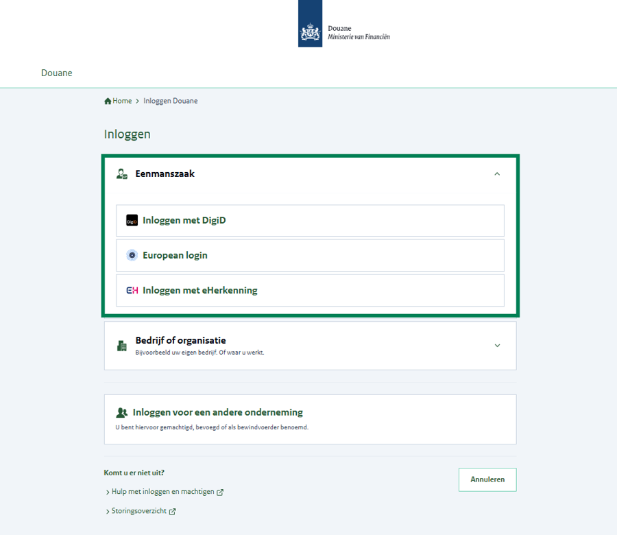 Inlogscherm waarop een eenmanszaak kan inloggen met DigiD, European login of eHerkenning.